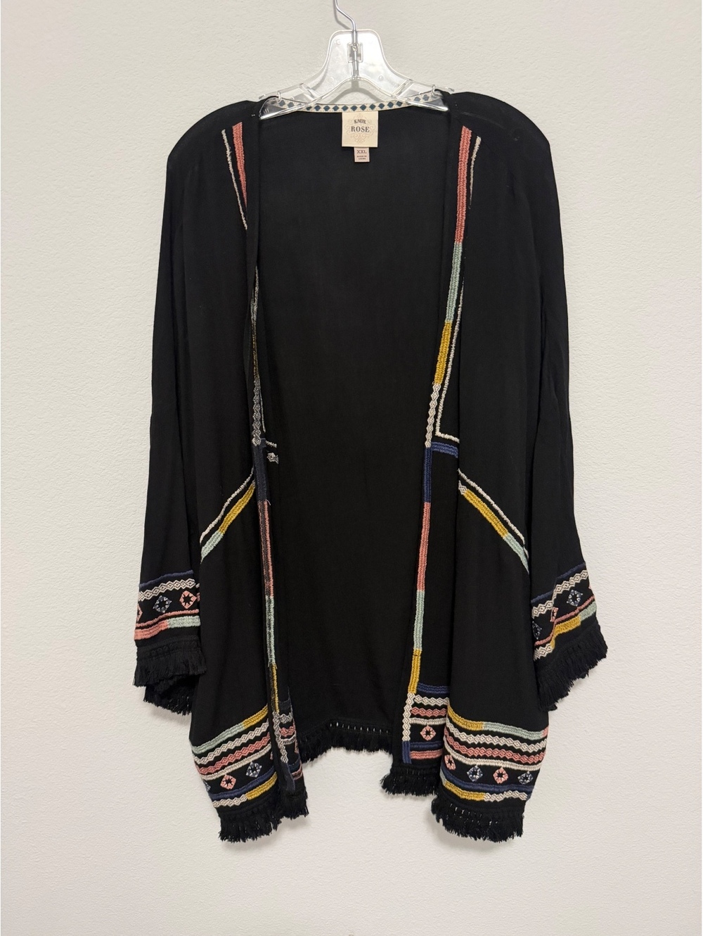 Knox Rose Embroidered 3/4 Sleeve Open Front Fringe Cardigan Cover Up Size XXL